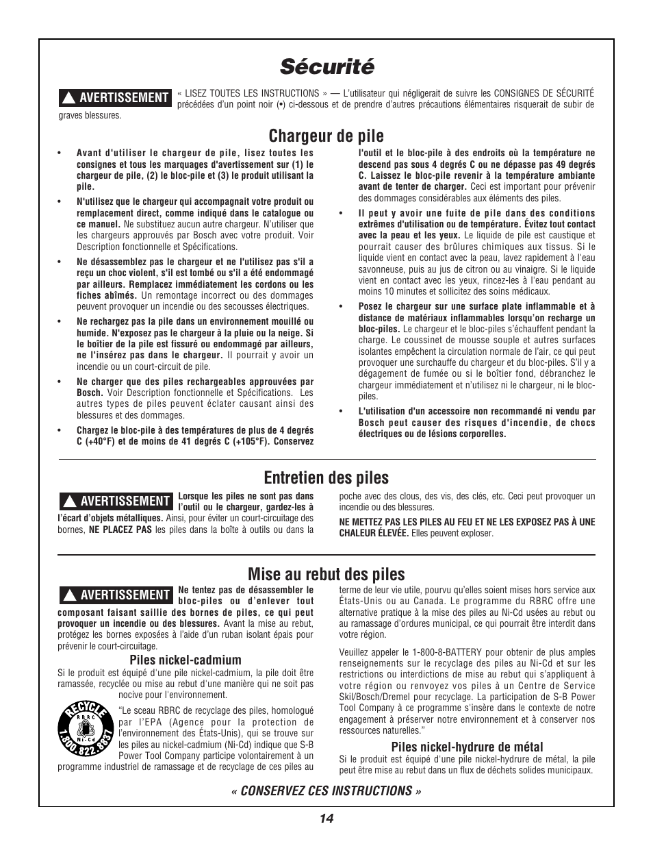 Sécurité, Chargeur de pile entretien des piles, Mise au rebut des piles | Bosch 3924B User Manual | Page 14 / 88