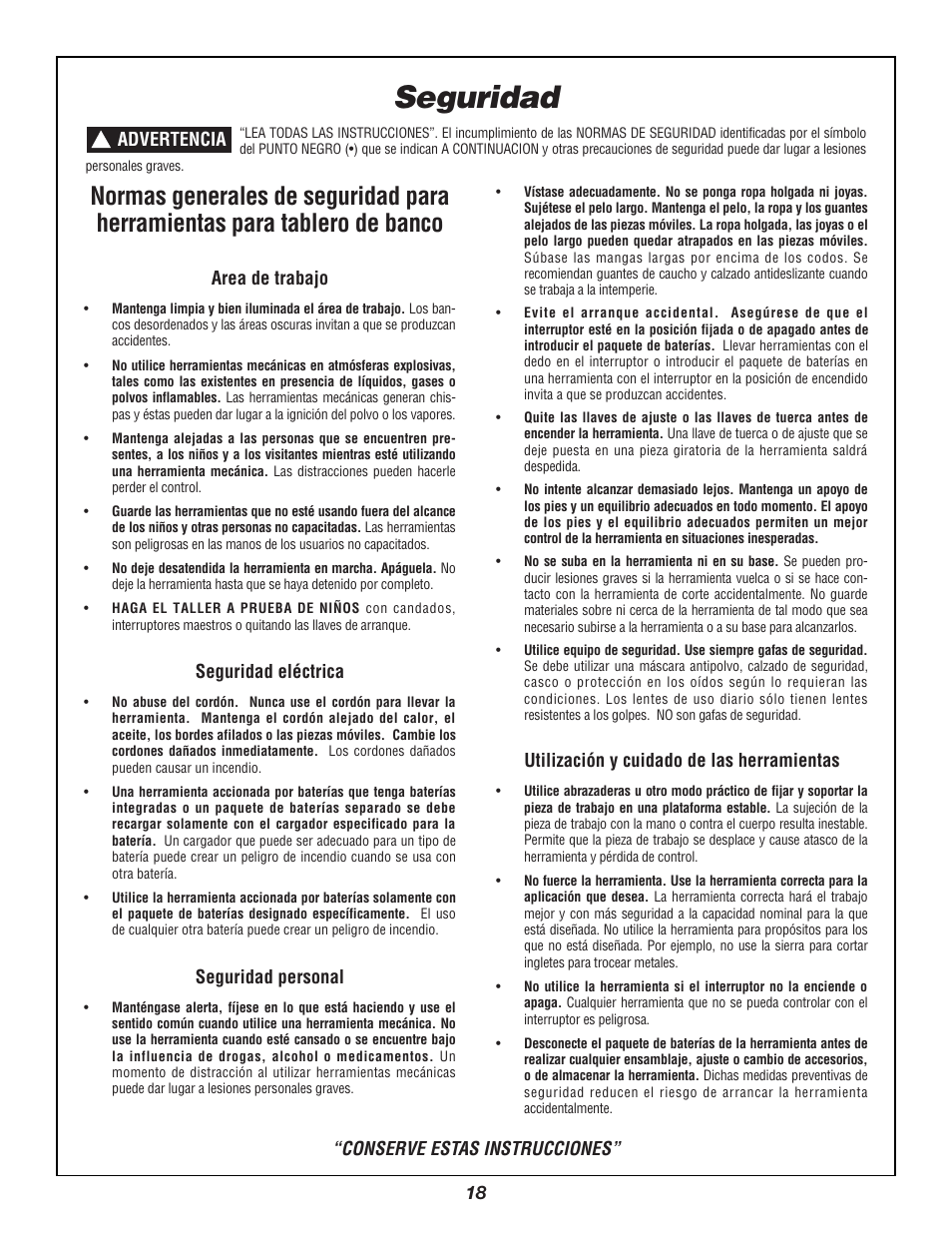 Seguridad, Conserve estas instrucciones | Bosch 3924B User Manual | Page 18 / 88