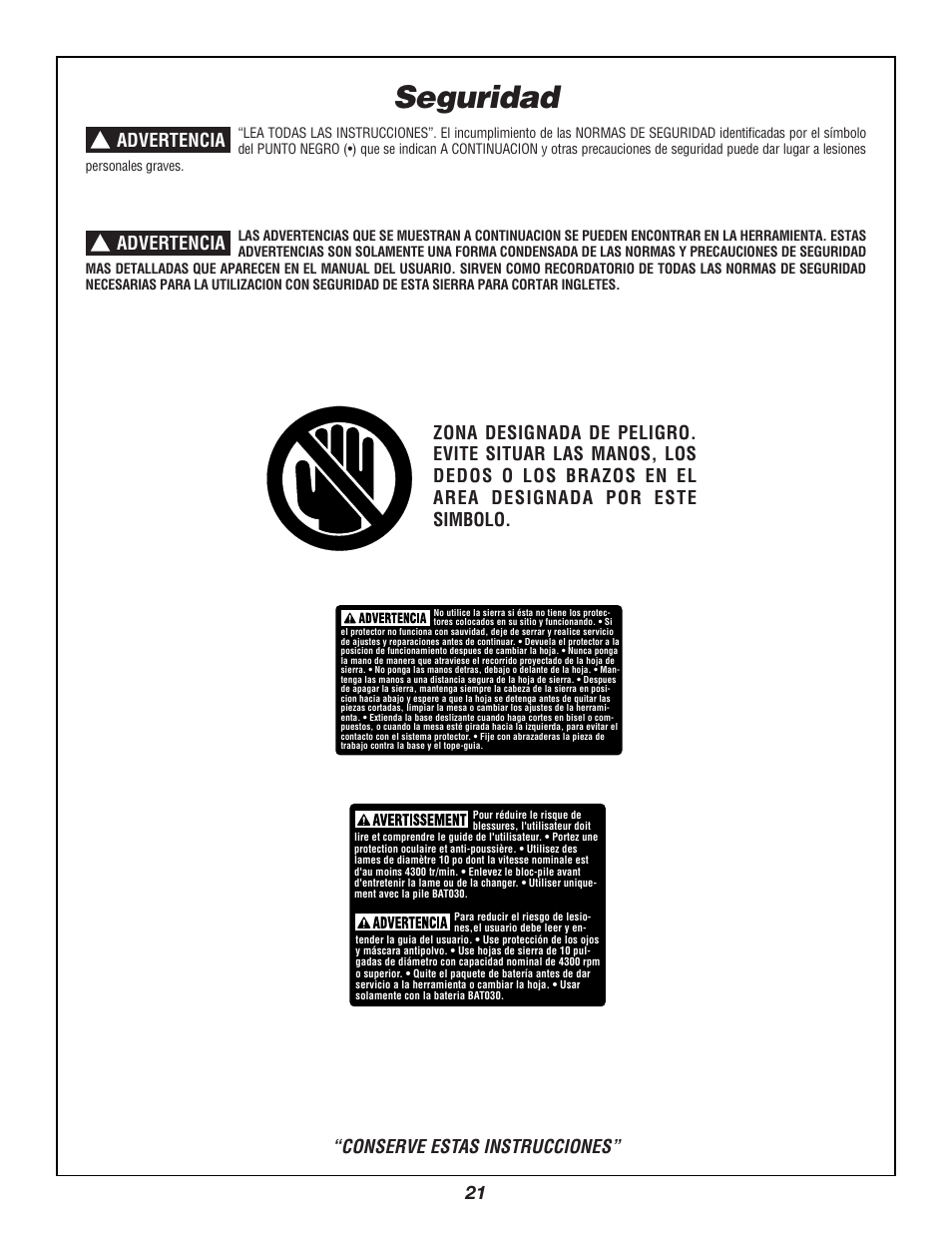 Seguridad, Conserve estas instrucciones | Bosch 3924B User Manual | Page 21 / 88