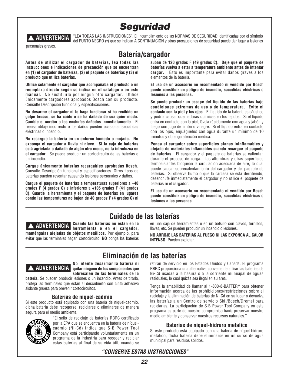 Seguridad, Batería/cargador | Bosch 3924B User Manual | Page 22 / 88