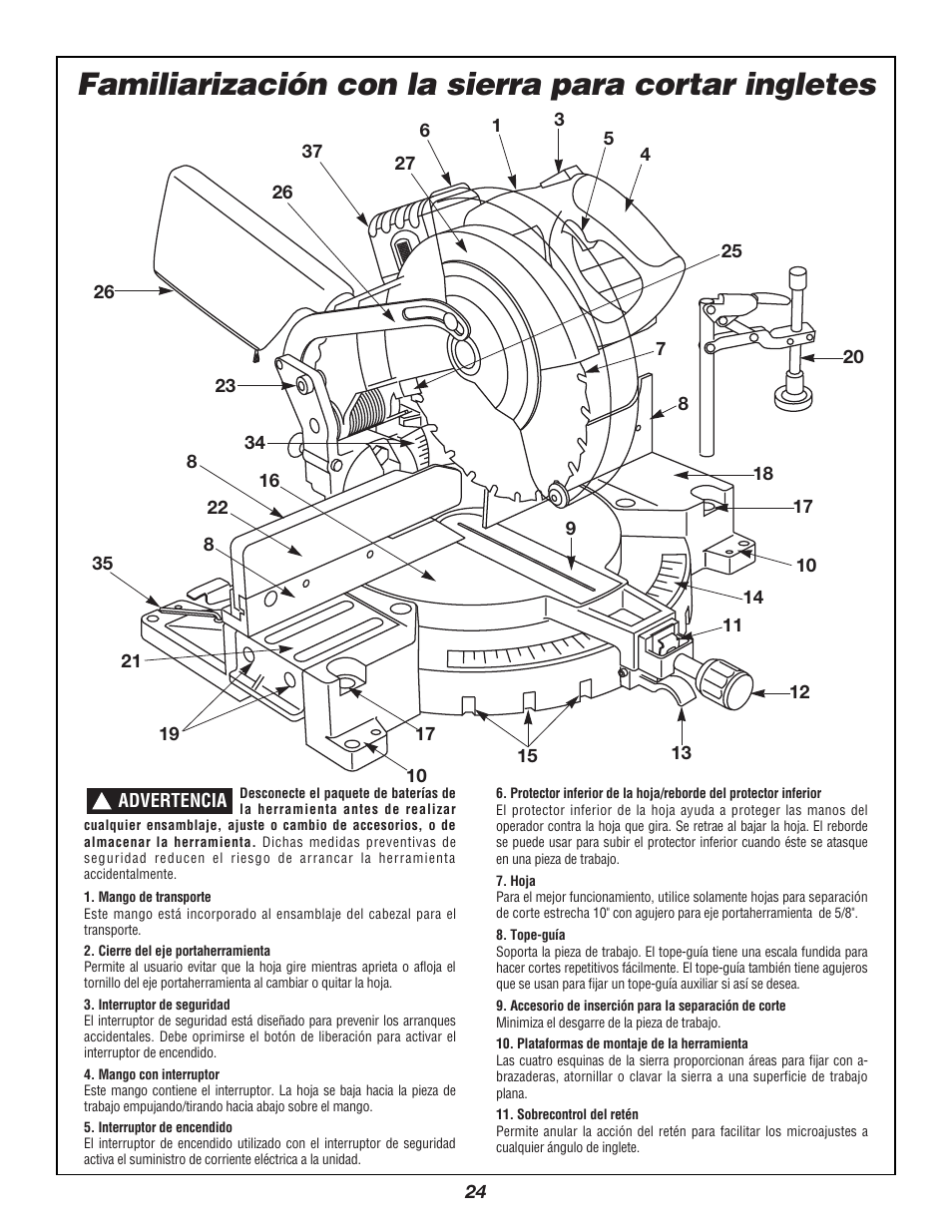 Familiarización con la sierra para cortar ingletes | Bosch 3924B User Manual | Page 24 / 88