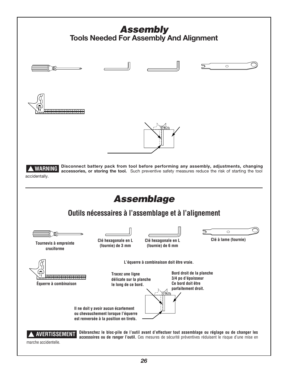 Assembly, Assemblage, Tools needed for assembly and alignment | Bosch 3924B User Manual | Page 26 / 88