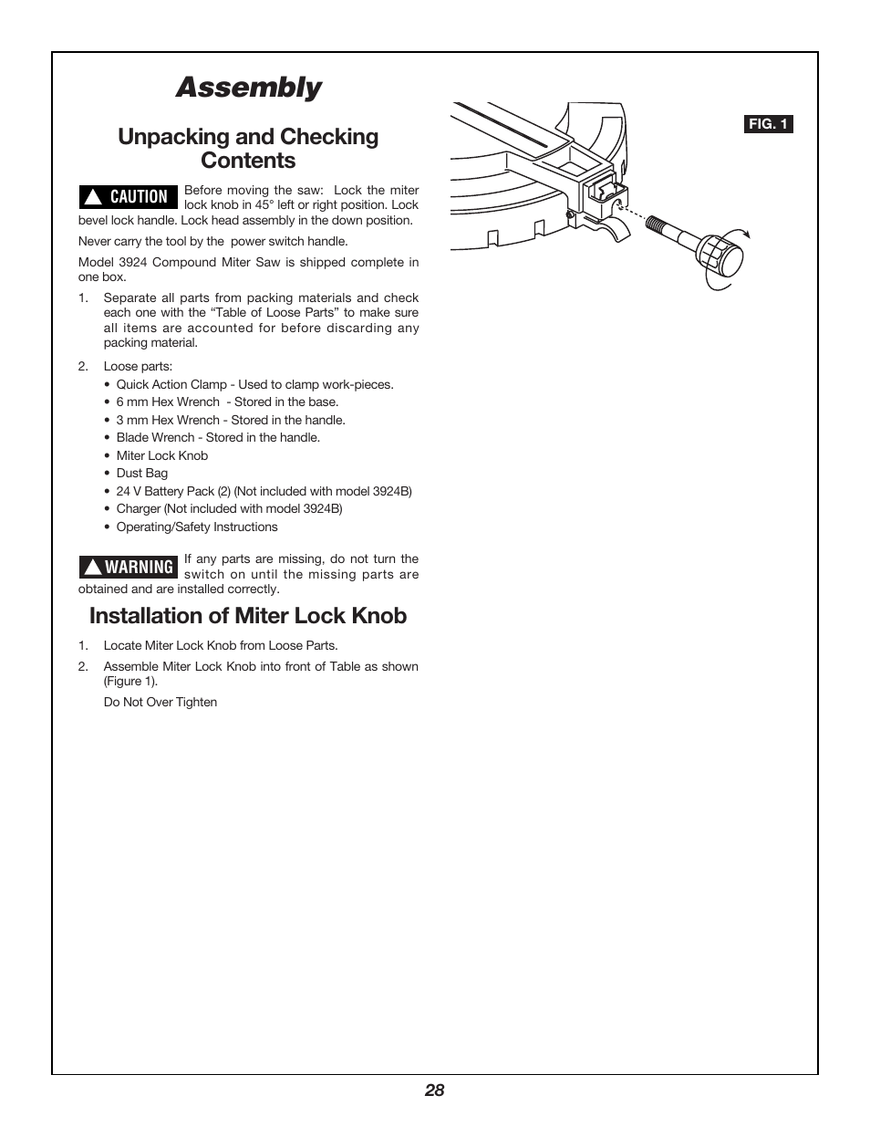 Assembly, Unpacking and checking contents, Installation of miter lock knob | Bosch 3924B User Manual | Page 28 / 88