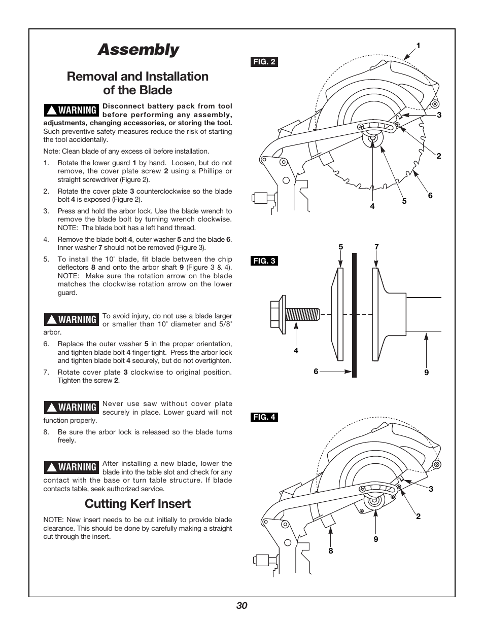 Assembly, Removal and installation of the blade, Cutting kerf insert | Bosch 3924B User Manual | Page 30 / 88