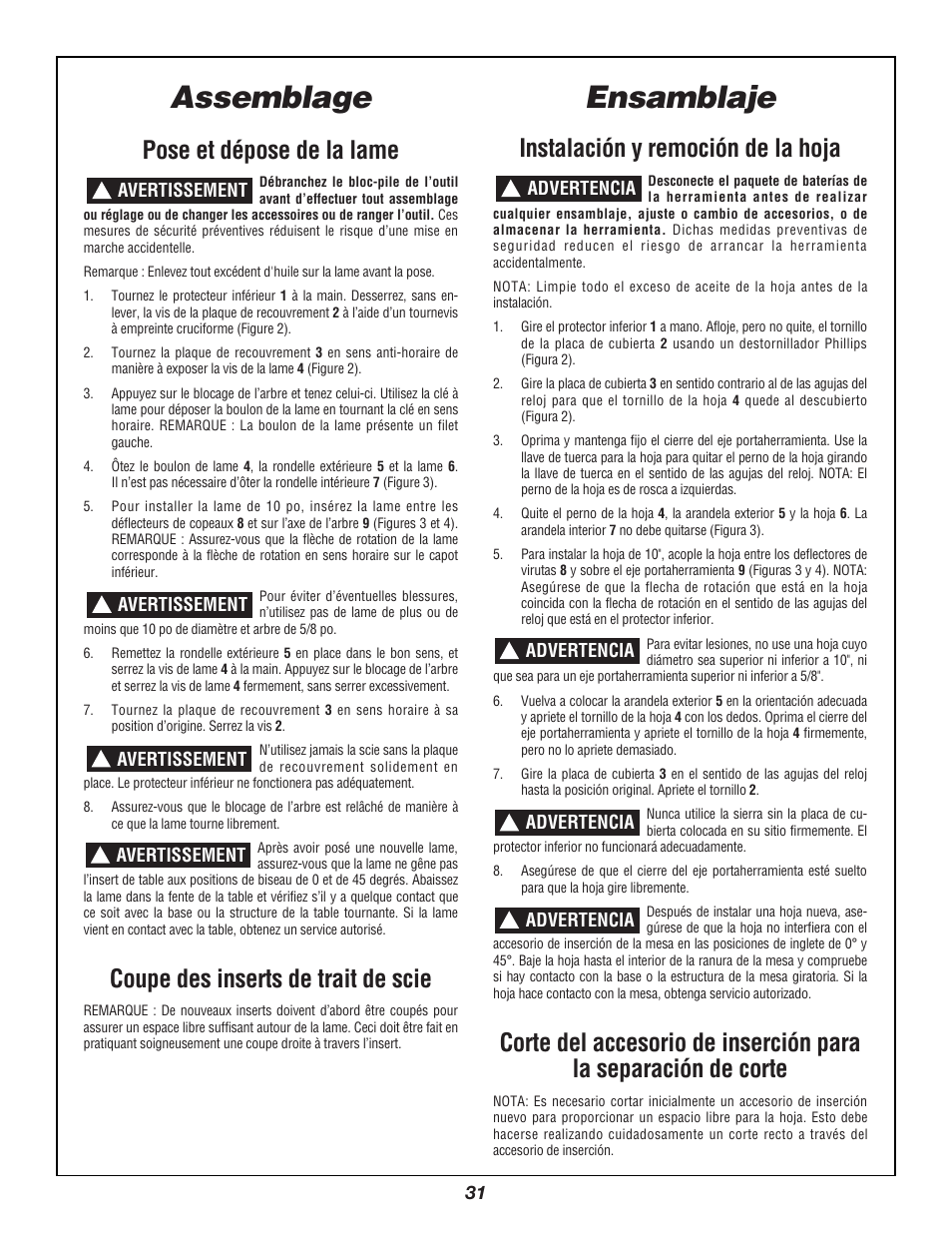 Ensamblaje, Assemblage, Instalación y remoción de la hoja | Pose et dépose de la lame, Coupe des inserts de trait de scie | Bosch 3924B User Manual | Page 31 / 88