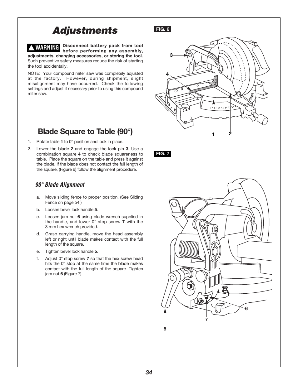 Adjustments, Blade square to table (90°), 90° blade alignment | Bosch 3924B User Manual | Page 34 / 88