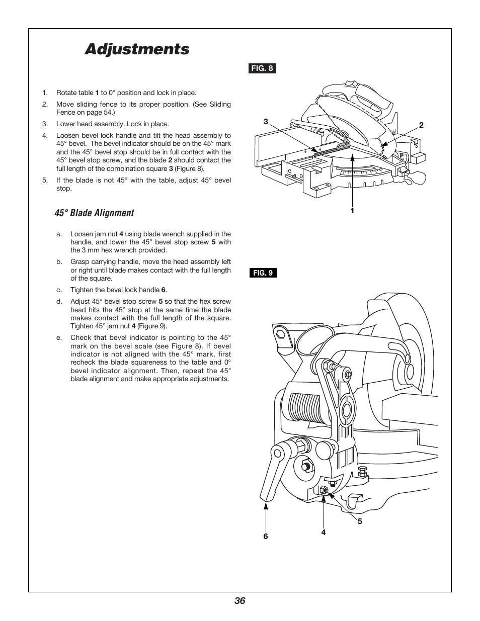 Adjustments, Blade 45° to the table, 45° blade alignment | Bosch 3924B User Manual | Page 36 / 88