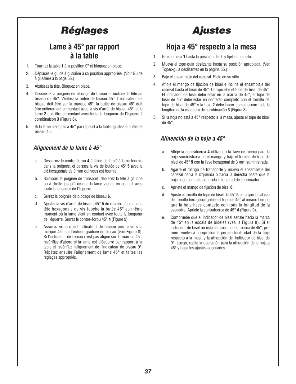 Ajustes, Réglages, Hoja a 45° respecto a la mesa | Lame à 45° par rapport à la table | Bosch 3924B User Manual | Page 37 / 88