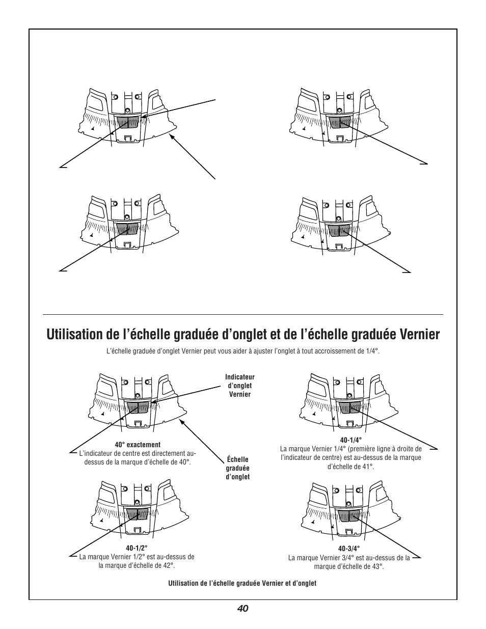 Miter scale and vernier scale usage | Bosch 3924B User Manual | Page 40 / 88