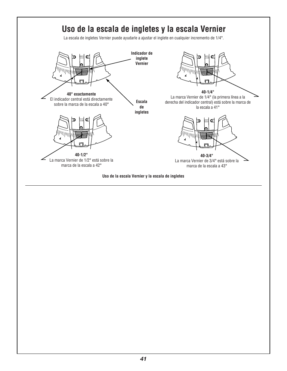 Uso de la escala de ingletes y la escala vernier | Bosch 3924B User Manual | Page 41 / 88