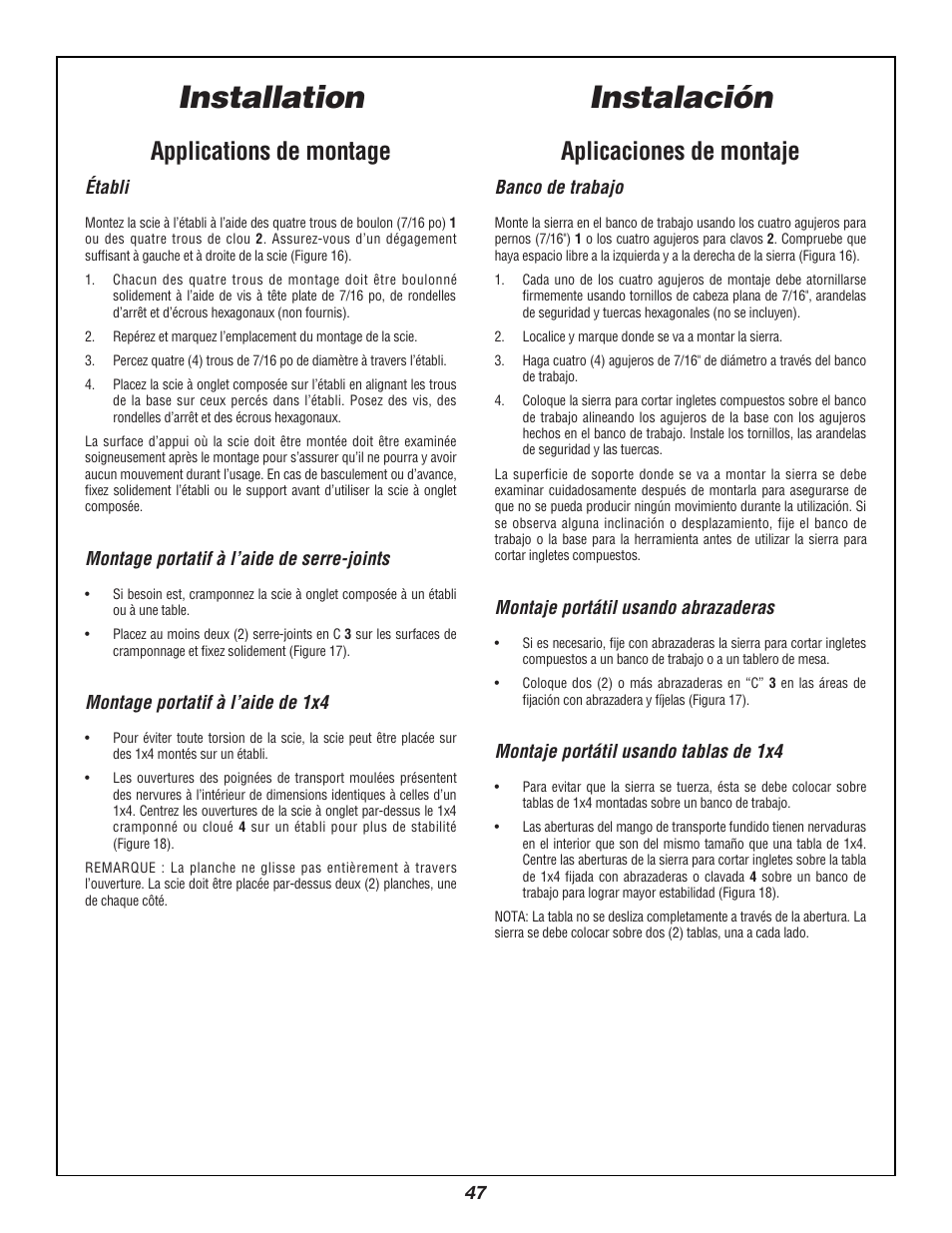 Installation, Instalación, Applications de montage | Aplicaciones de montaje | Bosch 3924B User Manual | Page 47 / 88