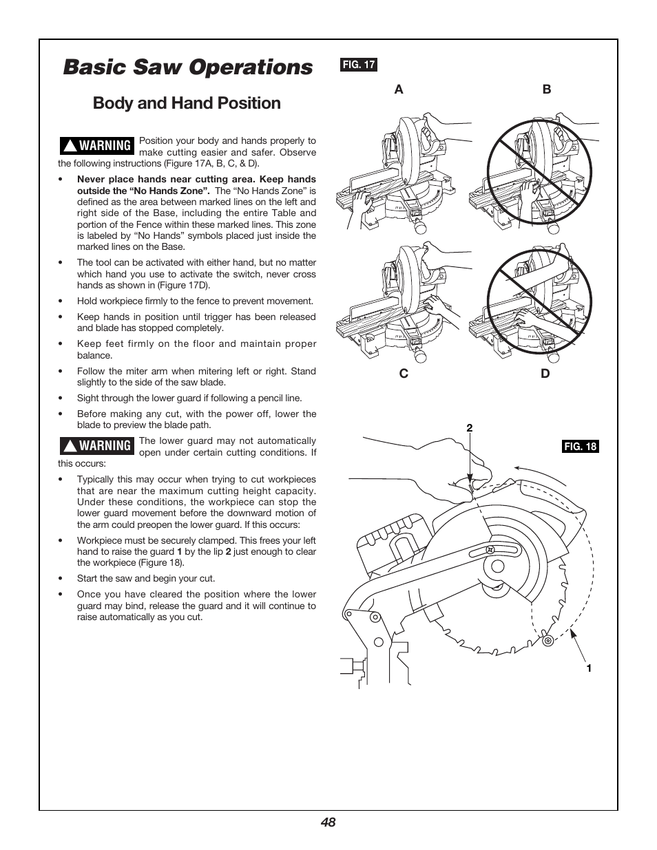 Basic saw operations, Body and hand position | Bosch 3924B User Manual | Page 48 / 88