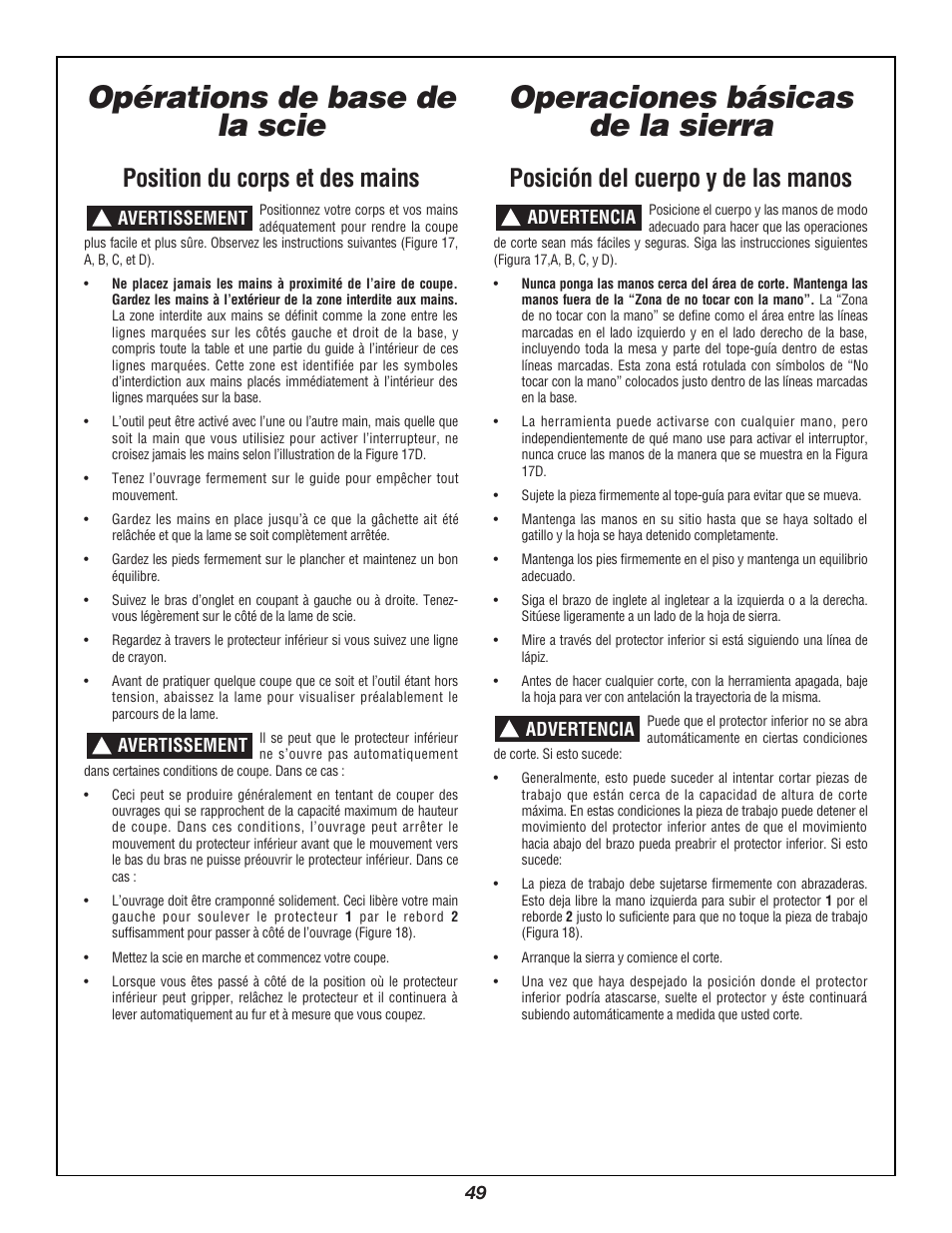 Opérations de base de la scie, Operaciones básicas de la sierra, Position du corps et des mains | Posición del cuerpo y de las manos | Bosch 3924B User Manual | Page 49 / 88