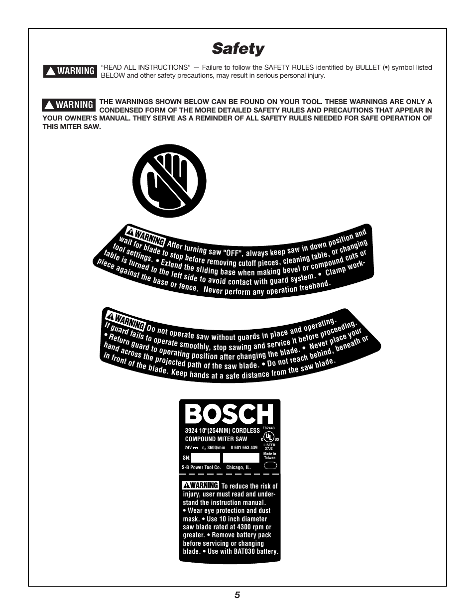 Safety, Save these instructions, Warning | Bosch 3924B User Manual | Page 5 / 88