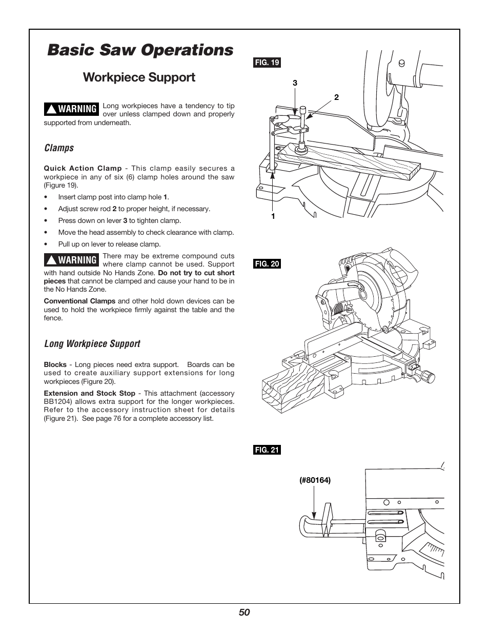 Basic saw operations, Workpiece support, Clamps | Long workpiece support | Bosch 3924B User Manual | Page 50 / 88