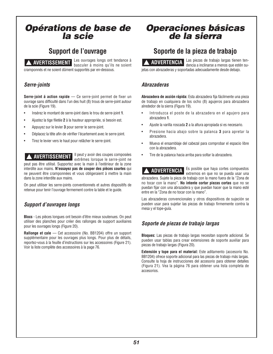 Opérations de base de la scie, Operaciones básicas de la sierra, Support de l’ouvrage | Soporte de la pieza de trabajo | Bosch 3924B User Manual | Page 51 / 88