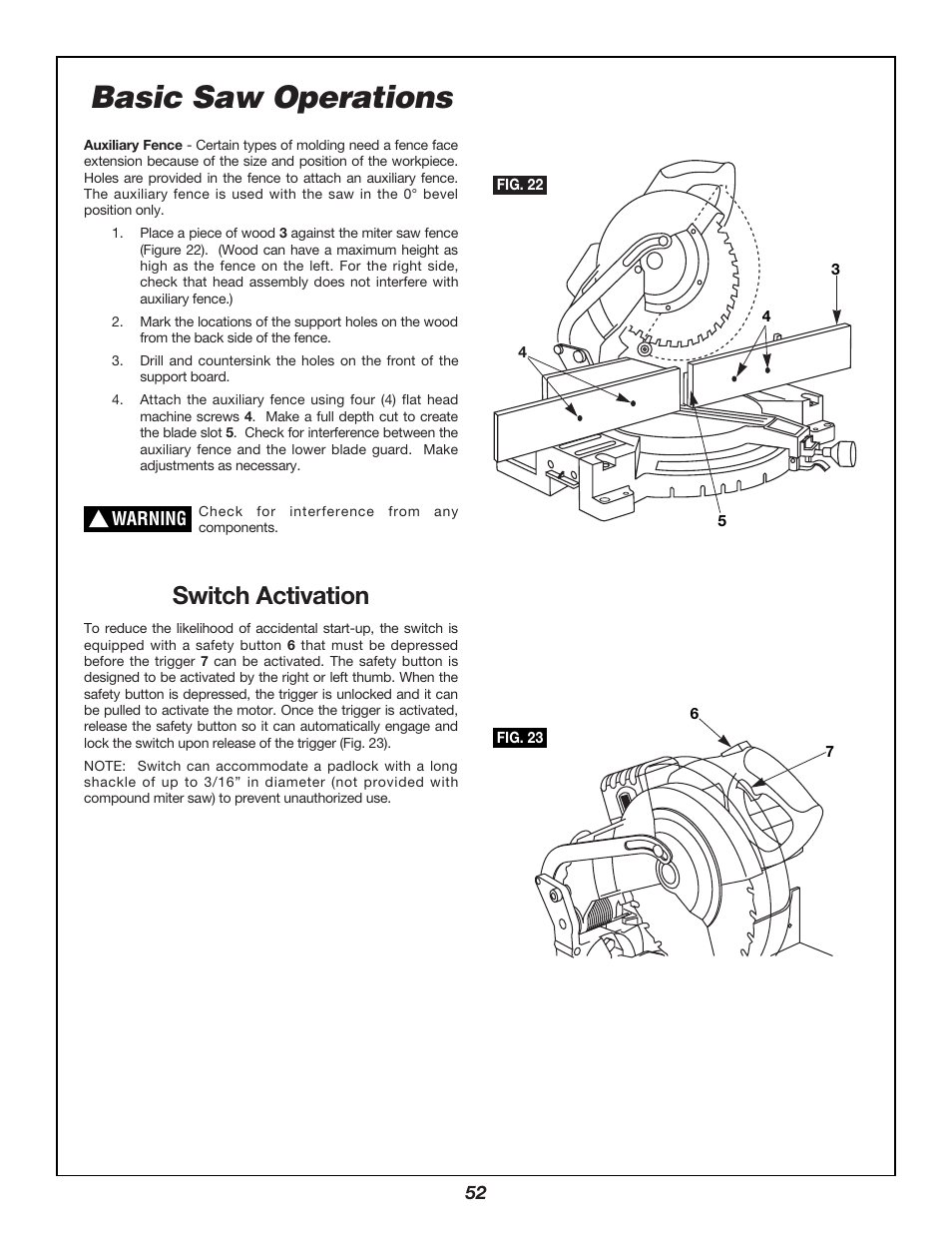 Basic saw operations, Switch activation | Bosch 3924B User Manual | Page 52 / 88