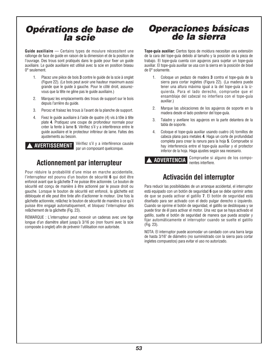 Opérations de base de la scie, Operaciones básicas de la sierra, Actionnement par interrupteur | Activación del interruptor | Bosch 3924B User Manual | Page 53 / 88