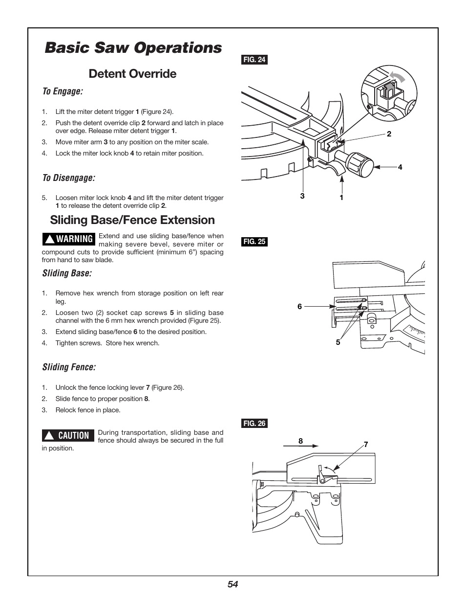 Basic saw operations, Detent override, Sliding base/fence extension | Sliding base, Sliding fence | Bosch 3924B User Manual | Page 54 / 88