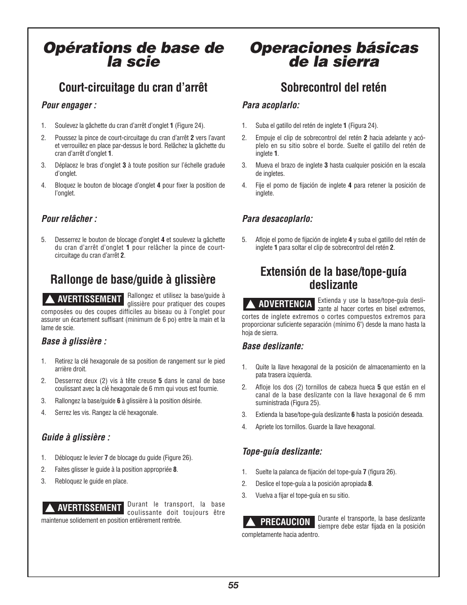 Opérations de base de la scie, Operaciones básicas de la sierra, Court-circuitage du cran d’arrêt | Rallonge de base/guide à glissière, Sobrecontrol del retén, Extensión de la base/tope-guía deslizante | Bosch 3924B User Manual | Page 55 / 88