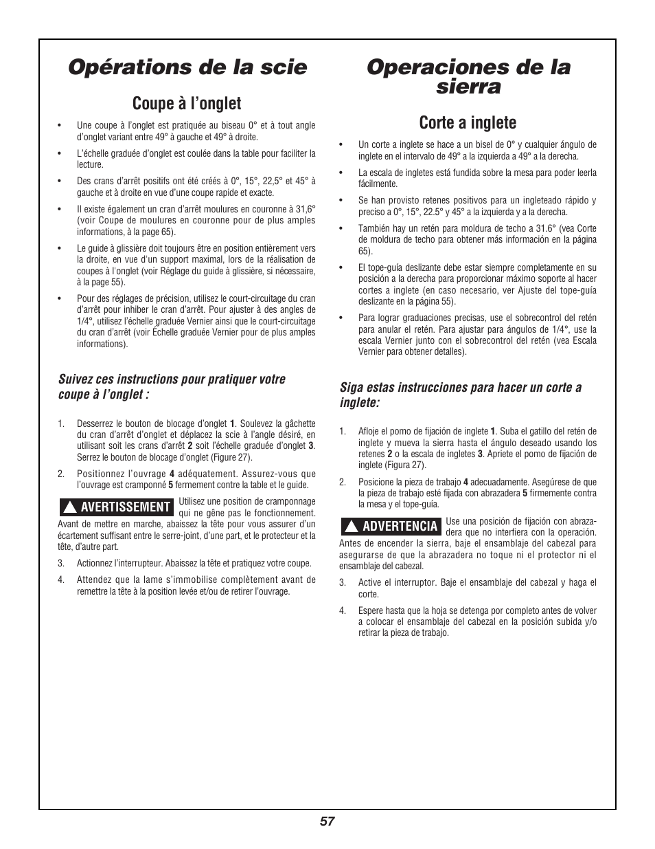 Opérations de la scie, Operaciones de la sierra, Coupe à l’onglet | Corte a inglete | Bosch 3924B User Manual | Page 57 / 88