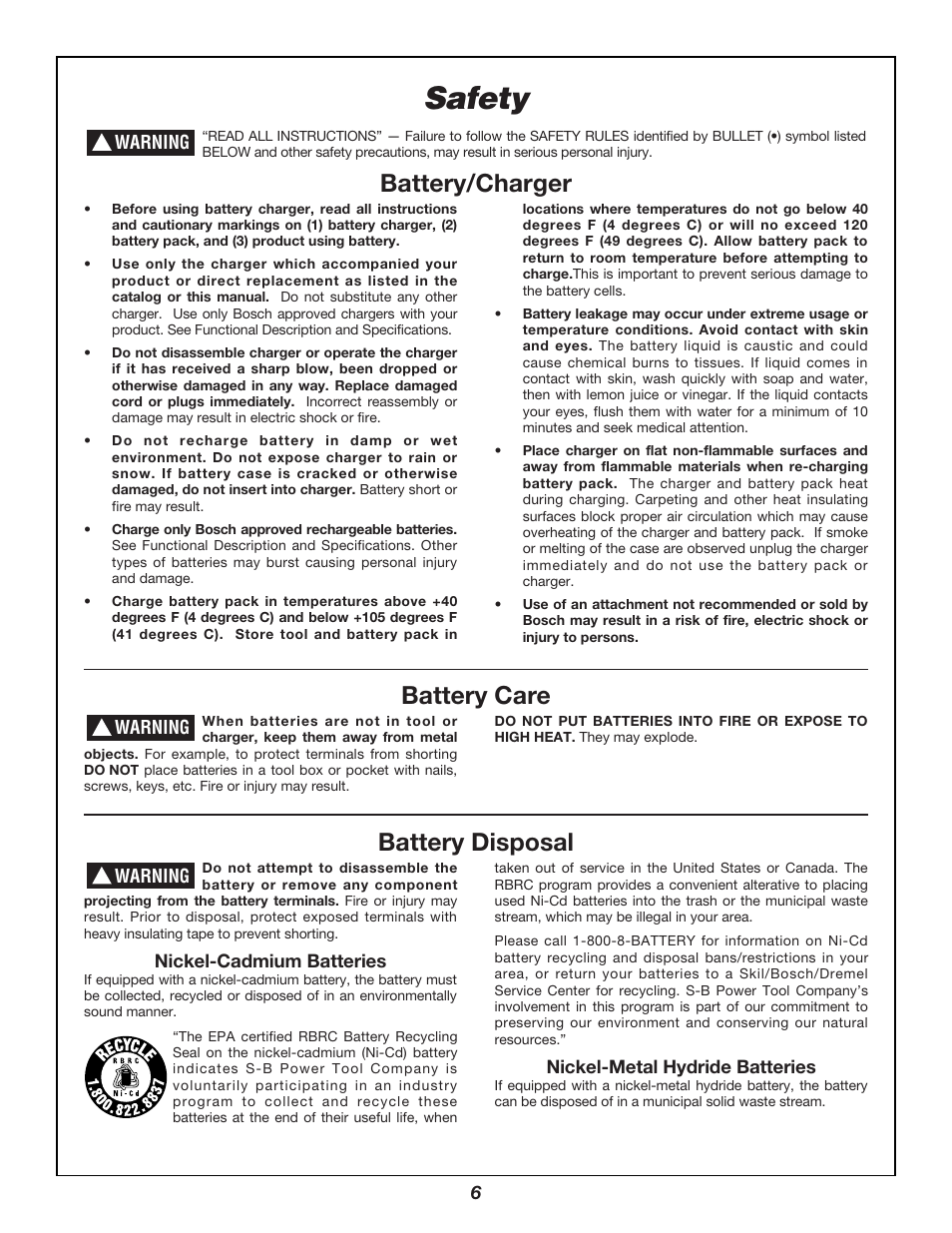 Safety, Battery/charger, Battery care battery disposal | Bosch 3924B User Manual | Page 6 / 88