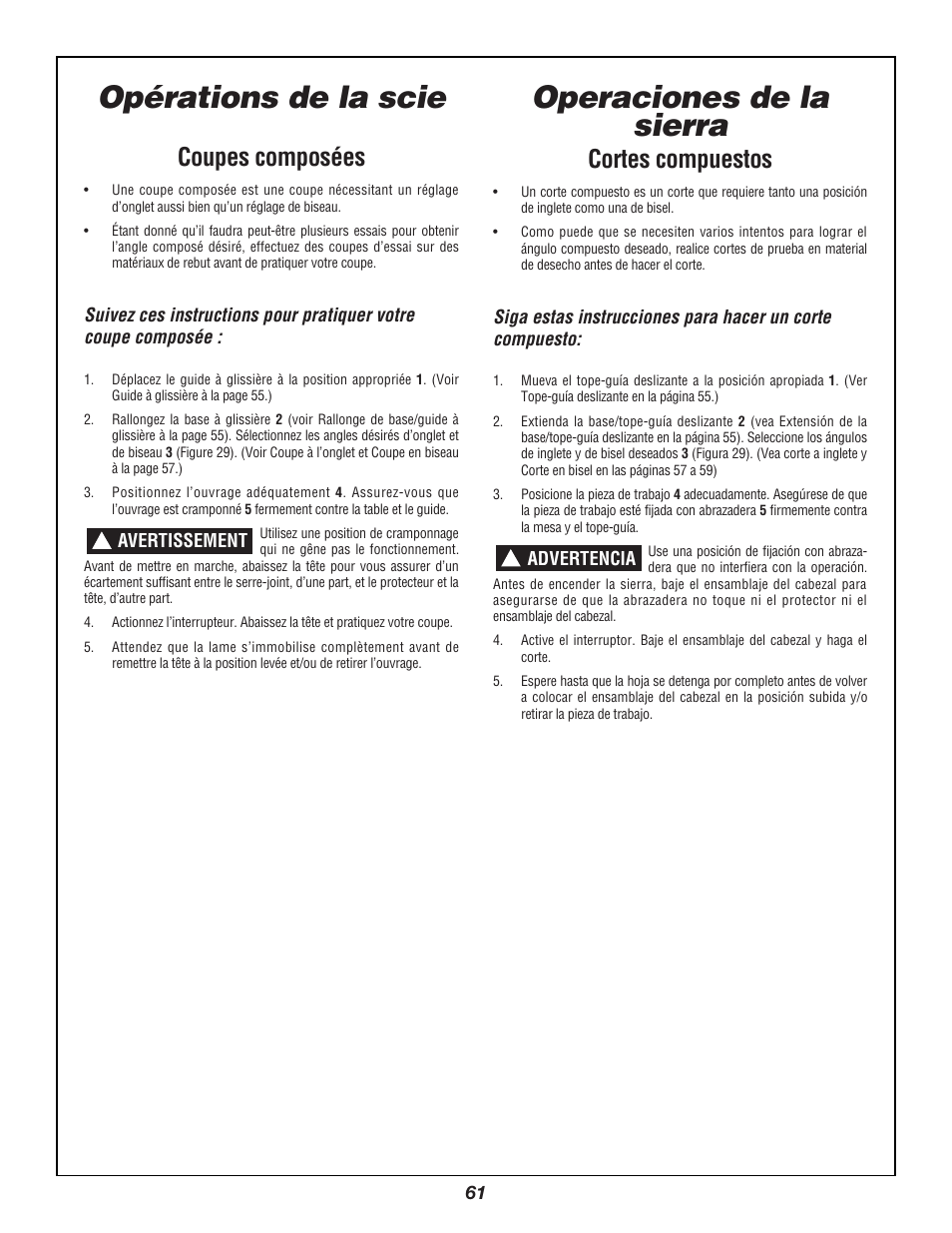 Opérations de la scie, Operaciones de la sierra, Coupes composées | Cortes compuestos | Bosch 3924B User Manual | Page 61 / 88