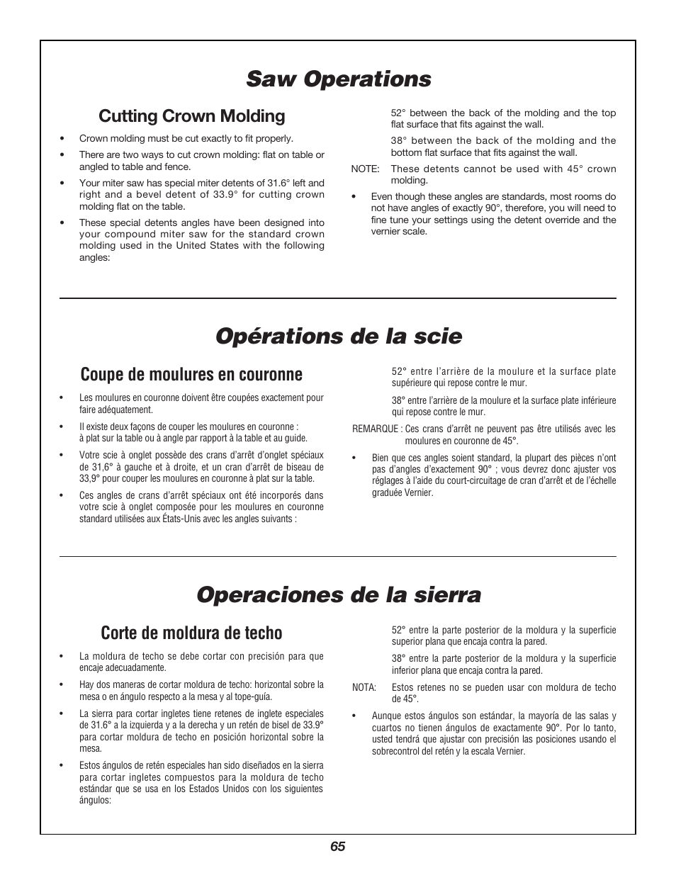 Operaciones de la sierra, Saw operations opérations de la scie, Corte de moldura de techo | Coupe de moulures en couronne, Cutting crown molding | Bosch 3924B User Manual | Page 65 / 88