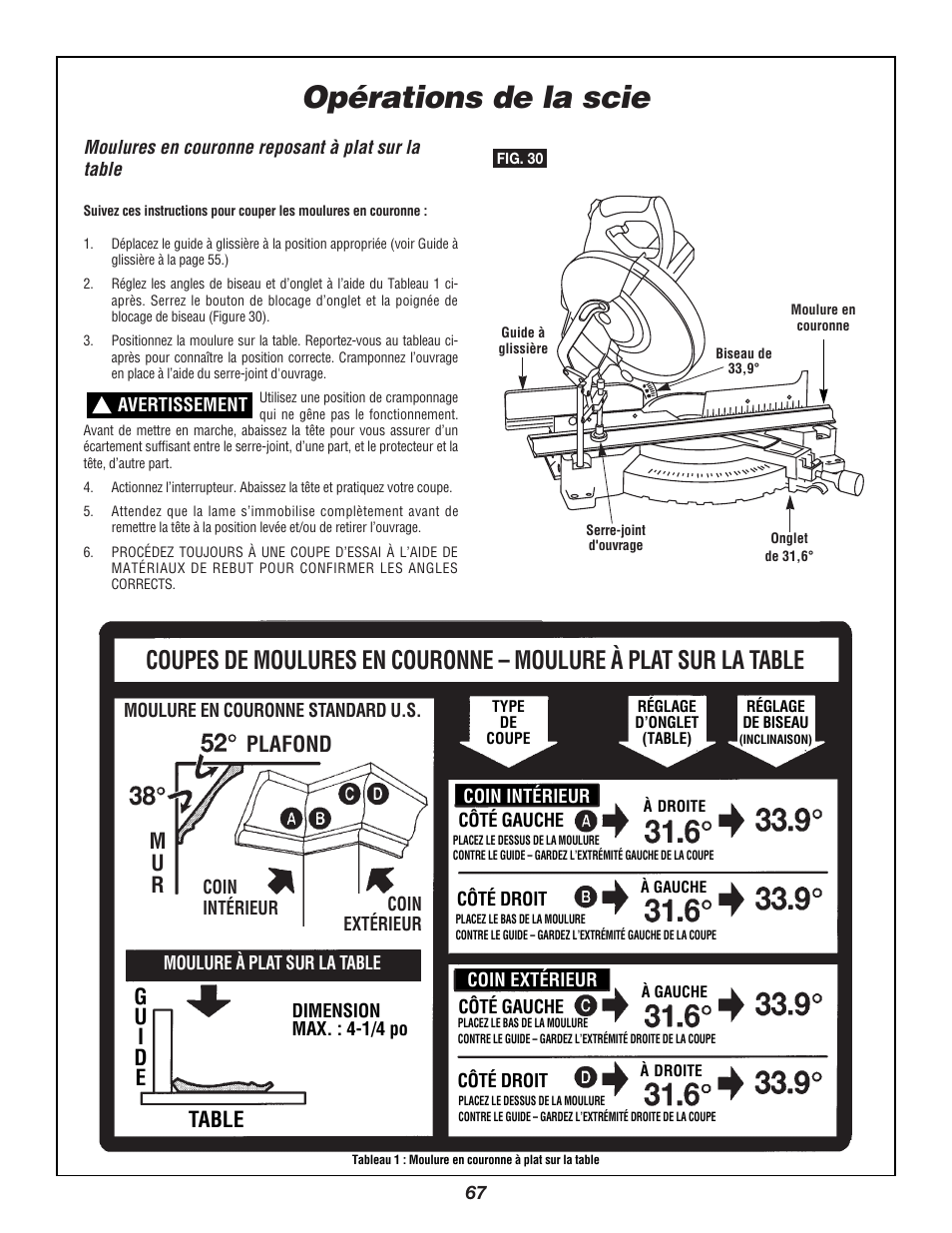 Opérations de la scie, Plafond m u r, Gu i d e | Table | Bosch 3924B User Manual | Page 67 / 88