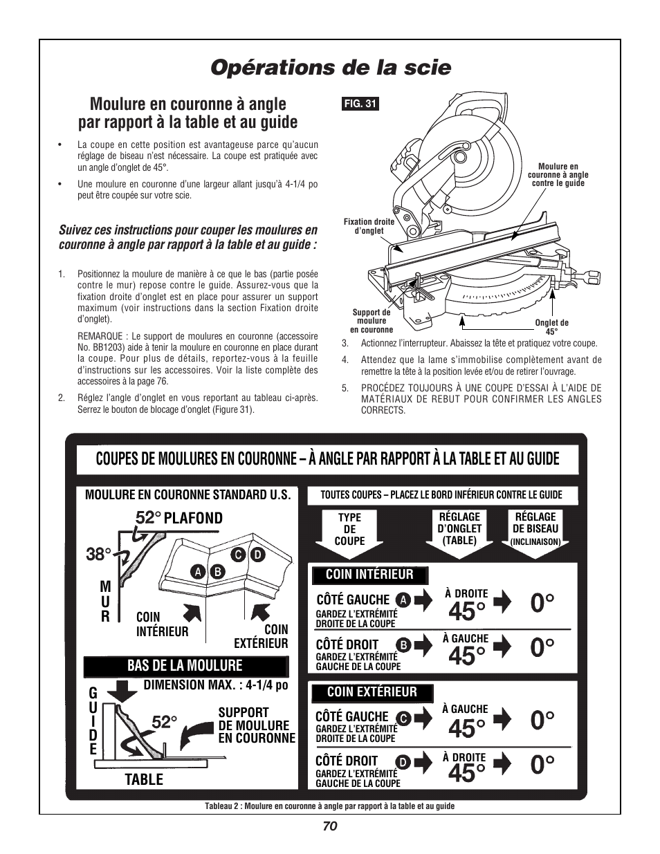 Opérations de la scie, Bas de la moulure, Plafond m u r | Bosch 3924B User Manual | Page 70 / 88