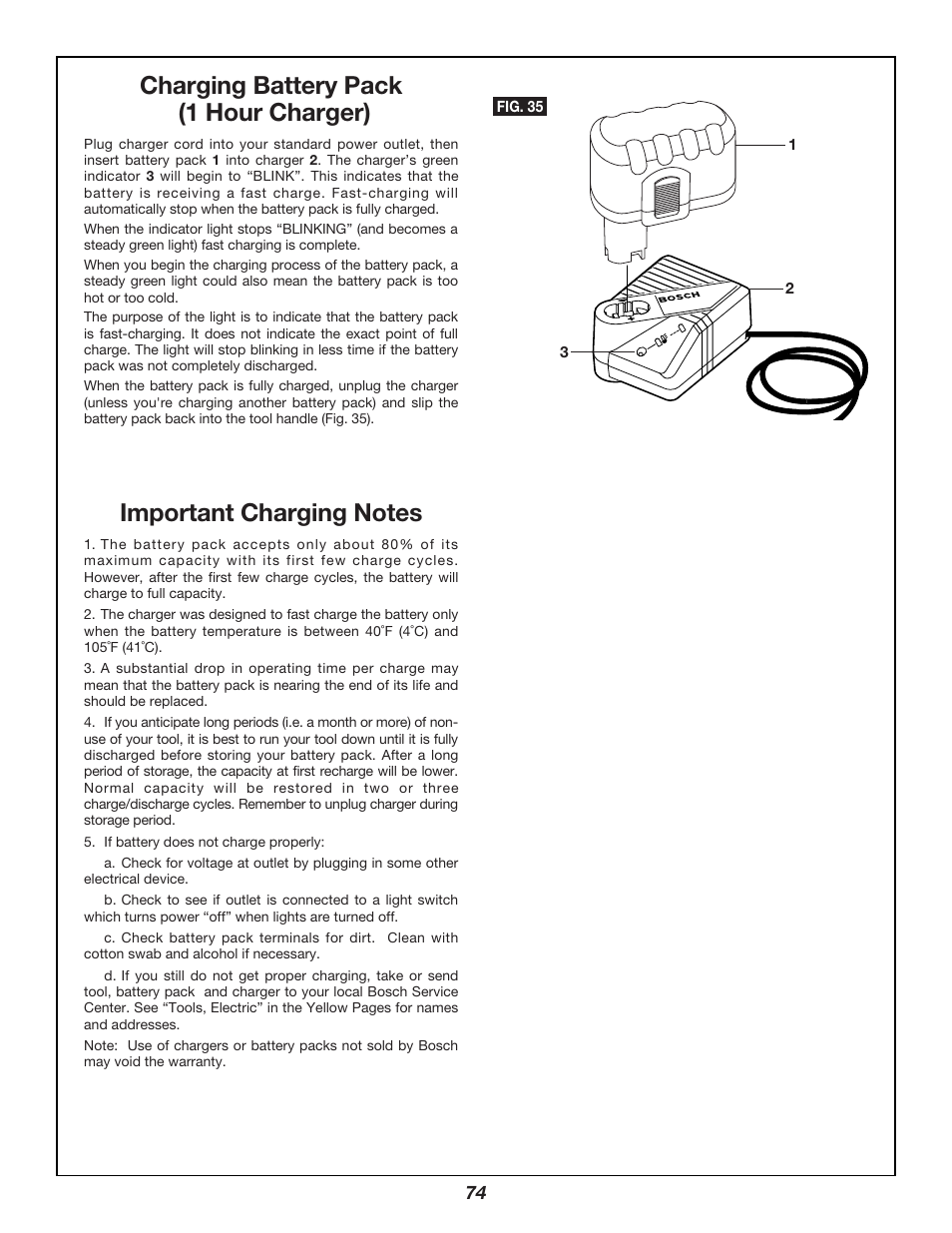 Charging battery pack (1 hour charger) | Bosch 3924B User Manual | Page 74 / 88