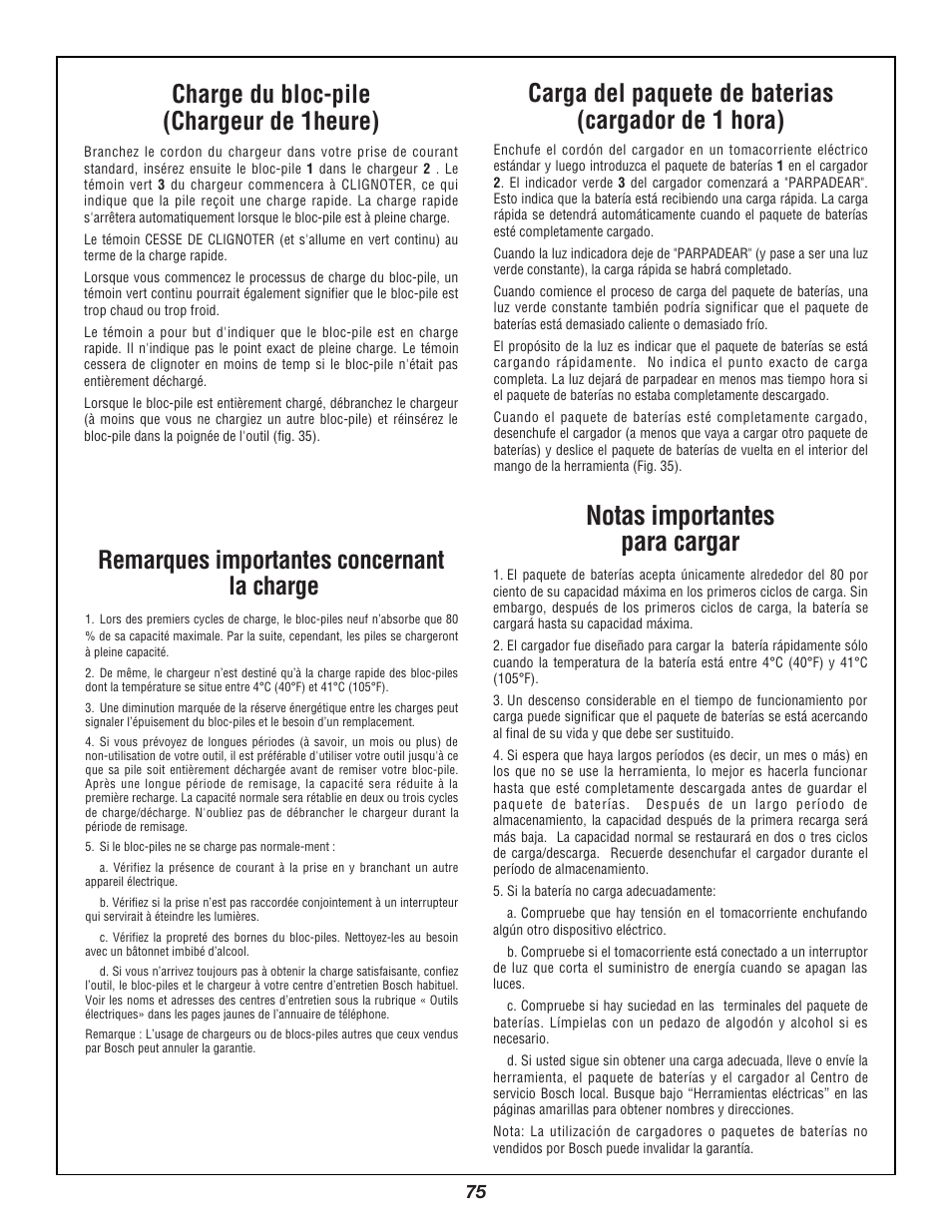 Notas importantes para cargar, Charge du bloc-pile (chargeur de 1heure), Carga del paquete de baterias (cargador de 1 hora) | Remarques importantes concernant la charge | Bosch 3924B User Manual | Page 75 / 88