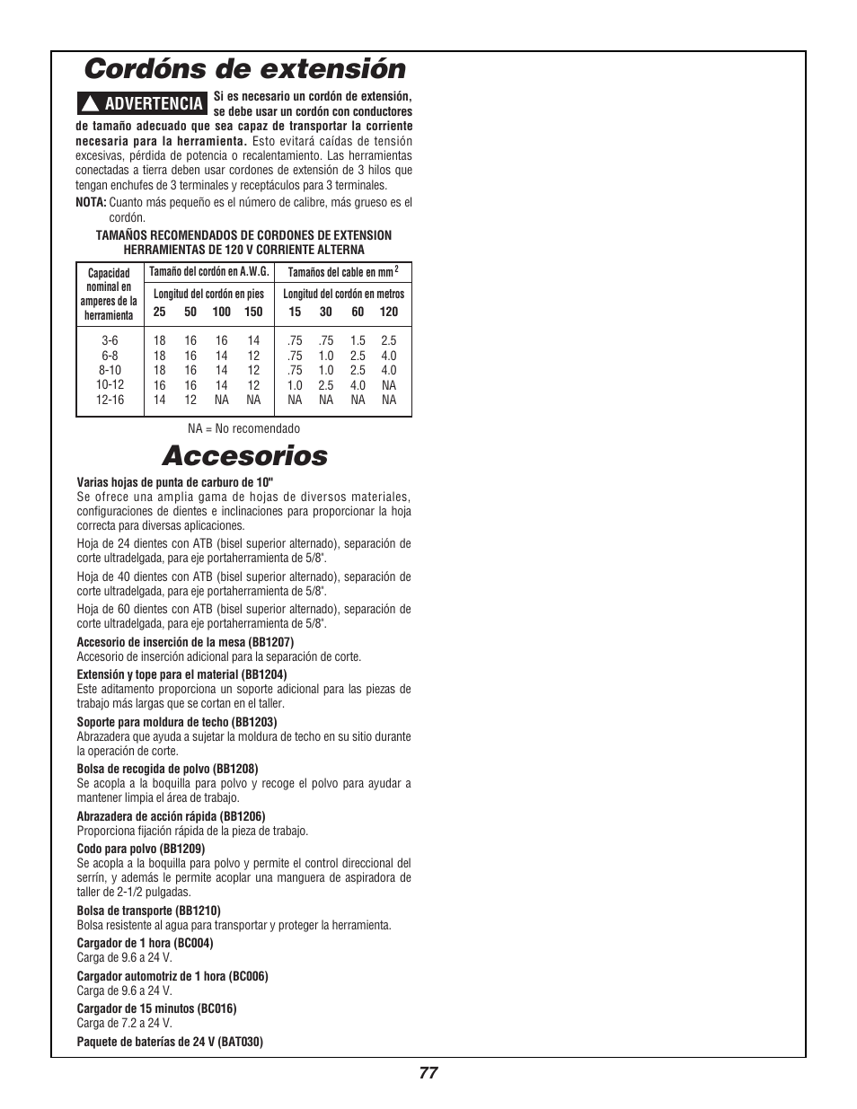 Accesorios, Cordóns de extensión, Advertencia | Bosch 3924B User Manual | Page 77 / 88