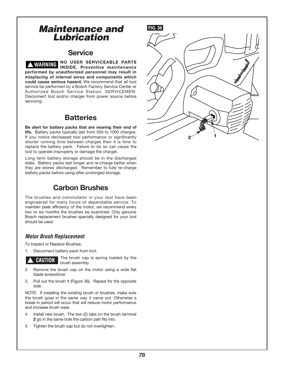 Maintenance and lubrication, Service, Batteries | Carbon brushes | Bosch 3924B User Manual | Page 78 / 88