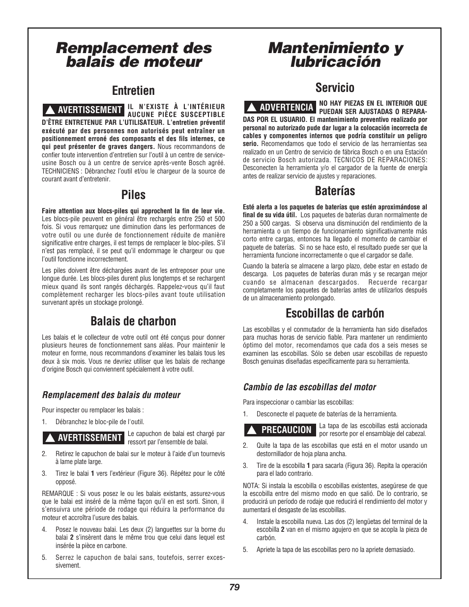 Entretien, Piles, Balais de charbon | Servicio, Baterías, Escobillas de carbón | Bosch 3924B User Manual | Page 79 / 88