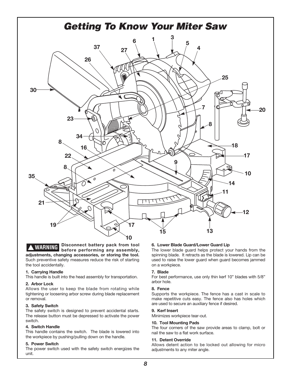 Getting to know your miter saw | Bosch 3924B User Manual | Page 8 / 88