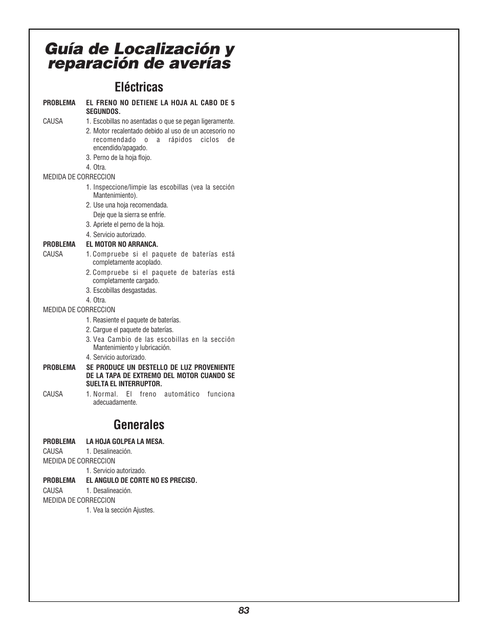 Guía de localización y reparación de averías, Eléctricas, Generales | Bosch 3924B User Manual | Page 83 / 88