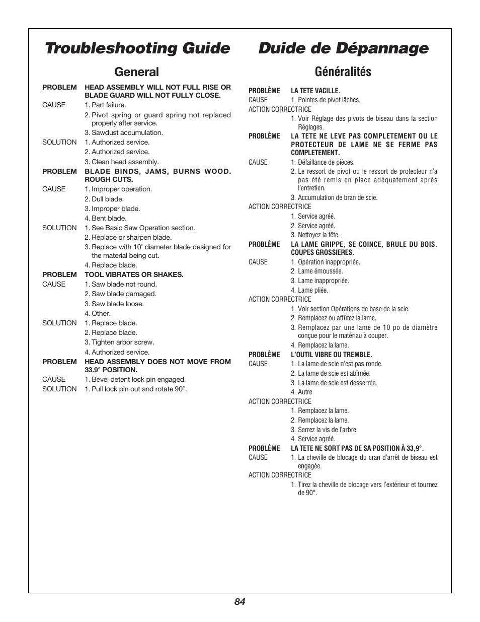 Duide de dépannage, Troubleshooting guide, Généralités | General | Bosch 3924B User Manual | Page 84 / 88