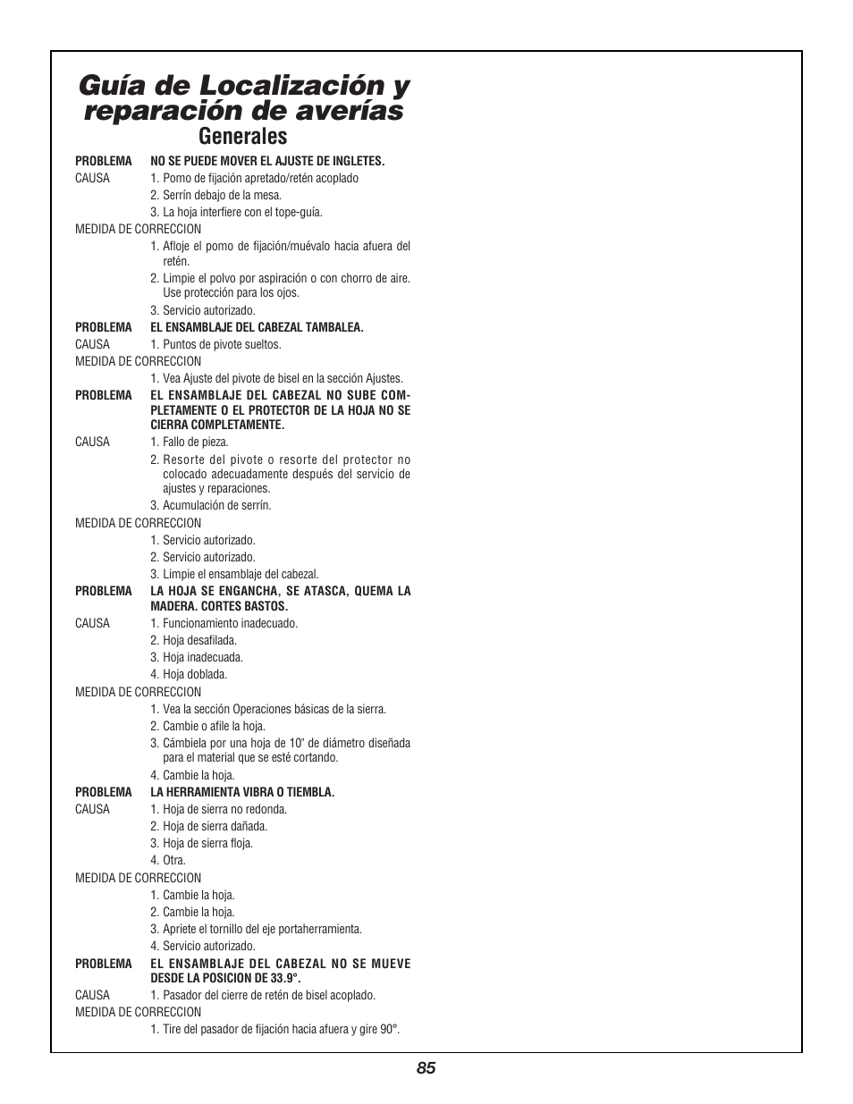 Guía de localización y reparación de averías, Generales | Bosch 3924B User Manual | Page 85 / 88