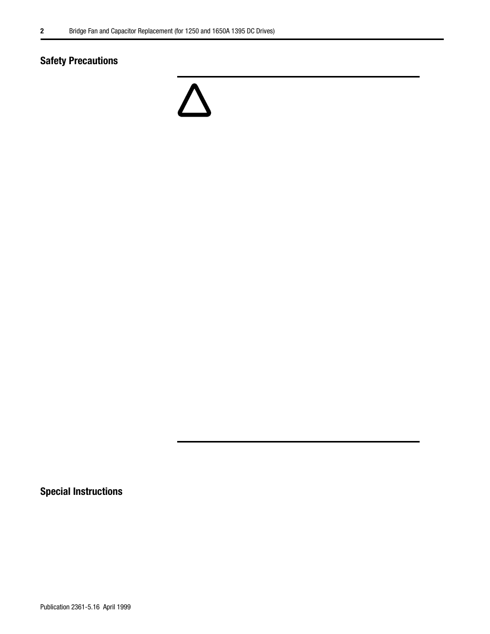 Safety precautions, Special instructions | Rockwell Automation 2361 Bridge Fan and Capacitor Replacement User Manual | Page 2 / 6