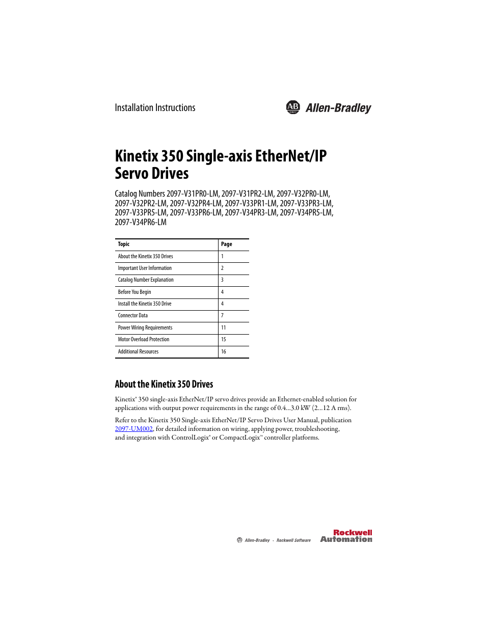 Rockwell Automation 2097-Vxxx Kinetix 350 Single-axis EtherNet/IP Servo Drive Installation Instruction User Manual | 16 pages