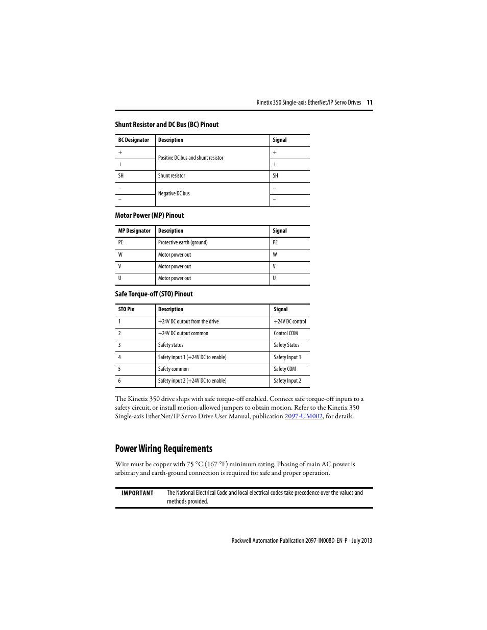 Power wiring requirements | Rockwell Automation 2097-Vxxx Kinetix 350 Single-axis EtherNet/IP Servo Drive Installation Instruction User Manual | Page 11 / 16