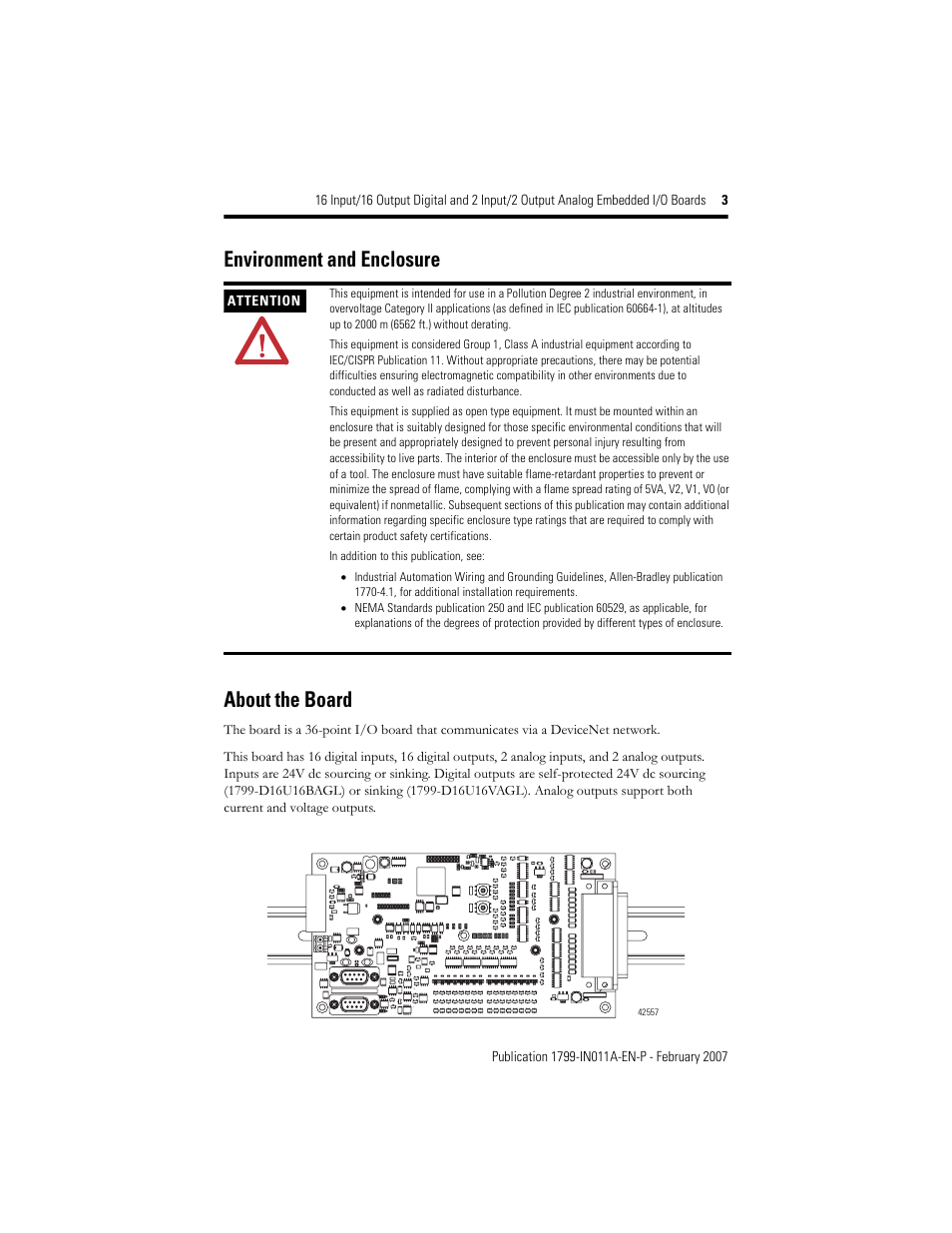 Environment and enclosure, About the board, Environment and enclosure about the board | Rockwell Automation 1799-D16U16BAGL 16 Input/16 Output Digital and 2 Input/2Output Analog  User Manual | Page 3 / 32