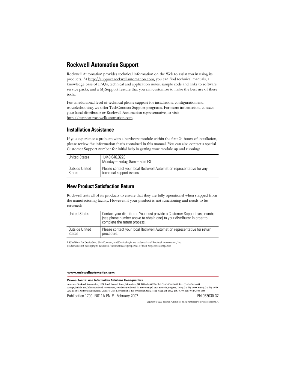 Rockwell automation support, Installation assistance, New product satisfaction return | Rockwell Automation 1799-D16U16BAGL 16 Input/16 Output Digital and 2 Input/2Output Analog  User Manual | Page 32 / 32