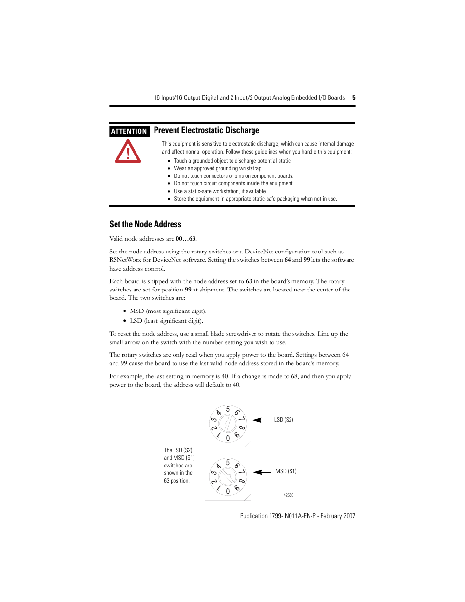 Prevent electrostatic discharge, Set the node address | Rockwell Automation 1799-D16U16BAGL 16 Input/16 Output Digital and 2 Input/2Output Analog  User Manual | Page 5 / 32