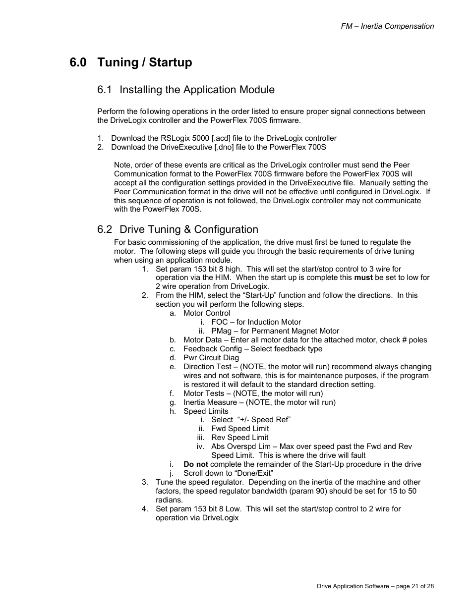 0 tuning / startup, 1 installing the application module, 2 drive tuning & configuration | Rockwell Automation 9329 Drive Application Software Inertia Comp Imperial Units User Manual | Page 21 / 28