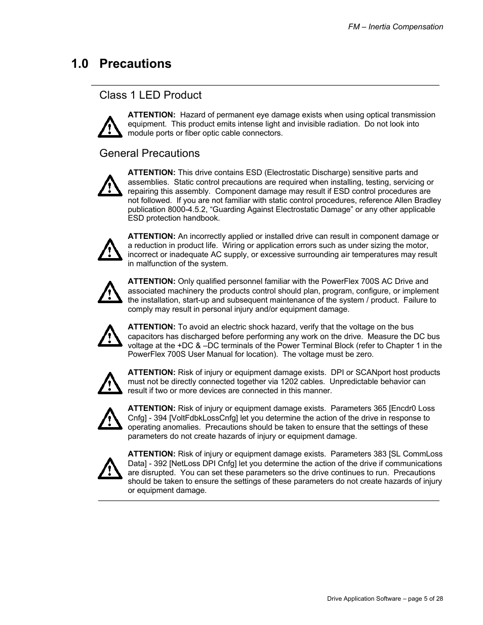 0 precautions, Class 1 led product, General precautions | Rockwell Automation 9329 Drive Application Software Inertia Comp Imperial Units User Manual | Page 5 / 28