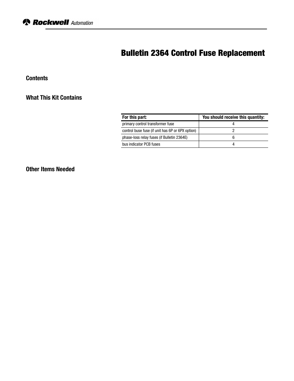 Rockwell Automation 2364 Control Fuse Replacement User Manual | 4 pages