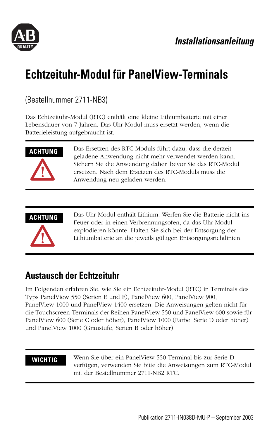 Deutsch, Austausch der echtzeituhr, Echtzeituhr-modul für panelview-terminals | Installationsanleitung | Rockwell Automation 2711-NB3 Real-Time Clock Module for PanelView Terminals User Manual | Page 11 / 24