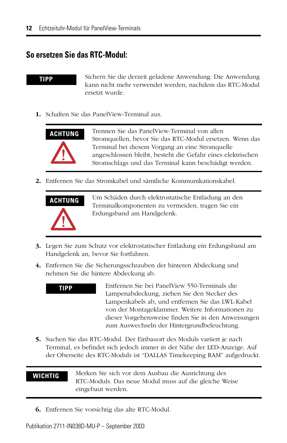 So ersetzen sie das rtc-modul | Rockwell Automation 2711-NB3 Real-Time Clock Module for PanelView Terminals User Manual | Page 12 / 24